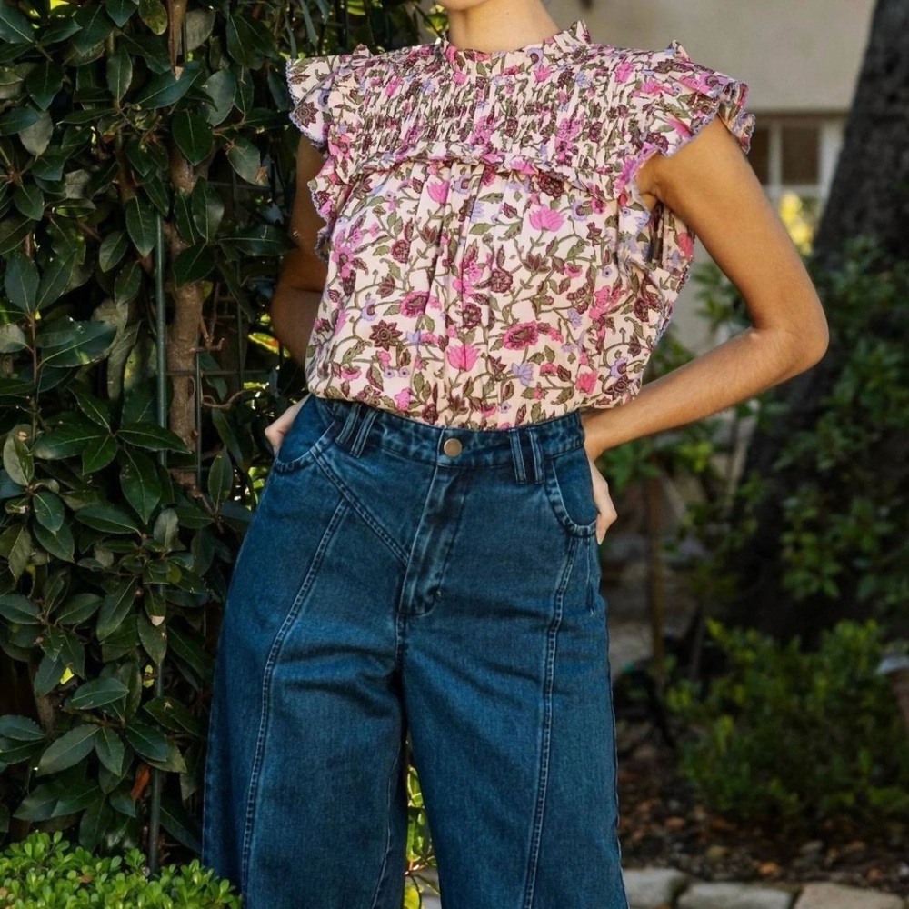 Cleobella Women's Virginia Floral Print Smocked Ruffle Organic Cotton Top size S